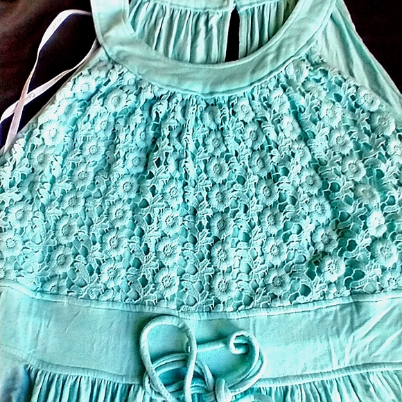 CALVIN KLEIN WOMEN'S DRESS SIZE 14 AQUA BLUE SLEEVELESS FLORAL COTTON LACE FRONT - Picture 6 of 11